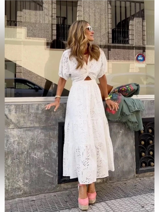 Zara Dresses & Skirts - Zara Medium White Eyelet Cutout Midi Dress Boho Cottagecore NWT